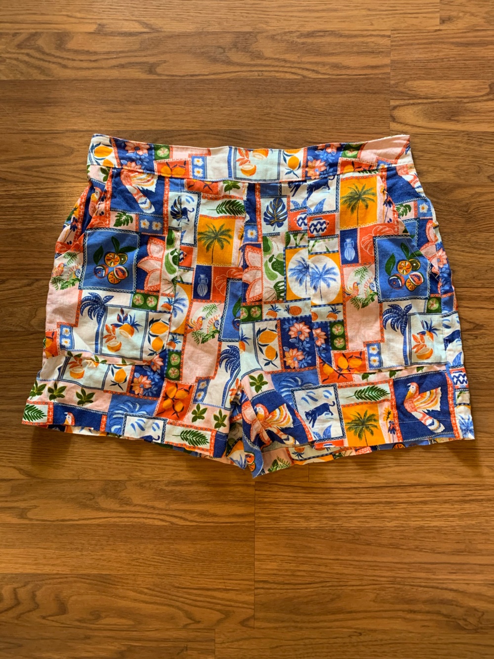 100% Linen Multicolor Tropical Patchwork Resortwear Beach Shorts